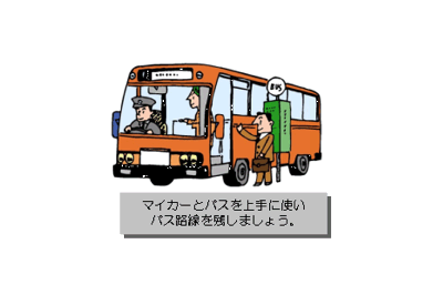 のりあいばすのいめーじ。まいかーとばすをじょうずにつかい，ばすろせんをのこしましょう。